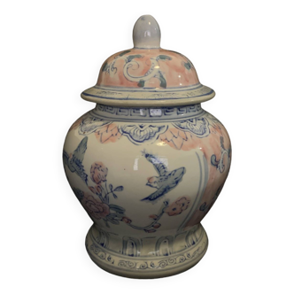 Vase en céramique de Chine pot décors floral couvercle fleur et oiseaux vintage ancien