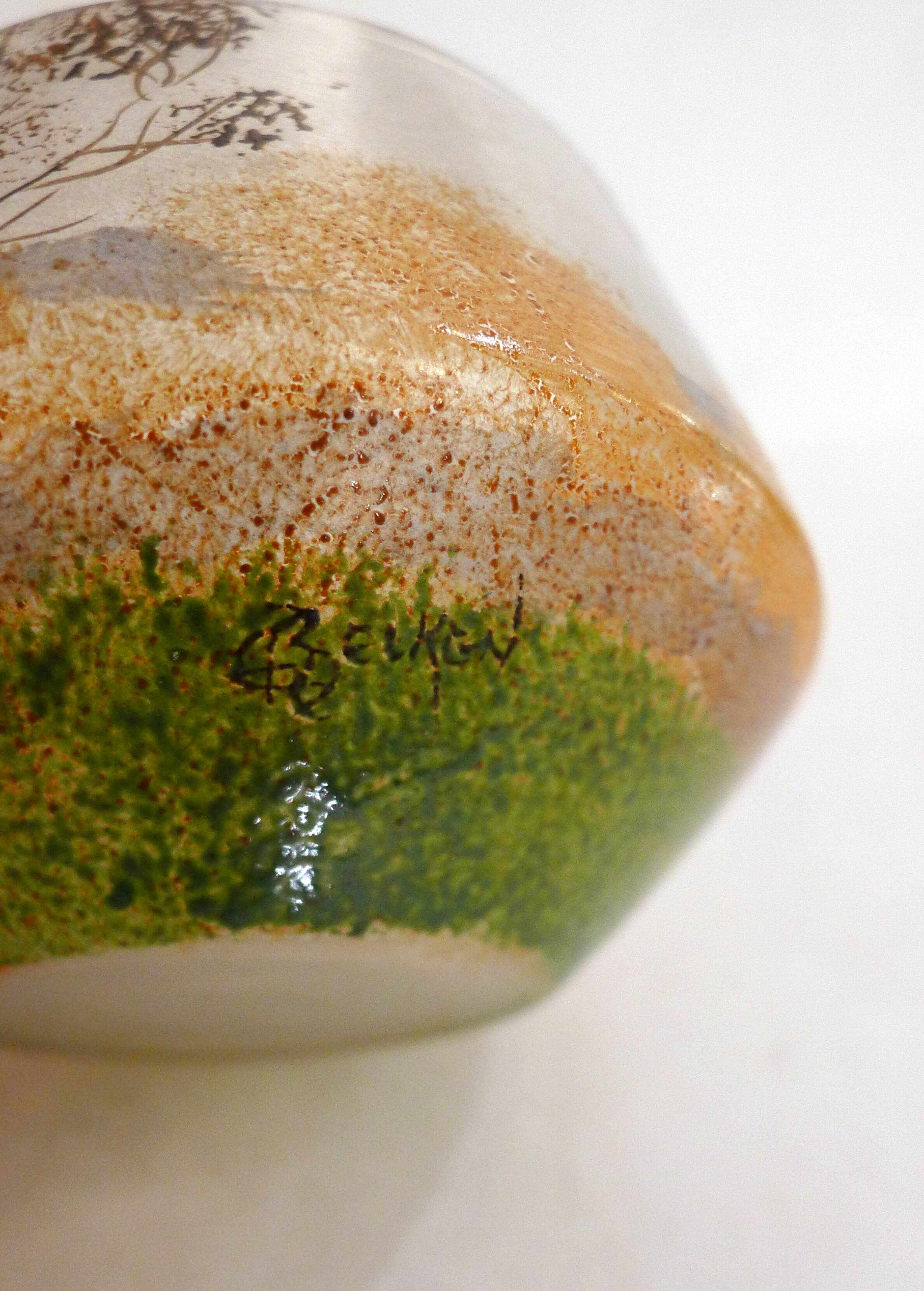 Small Art Nouveau enameled landscape vase/pot