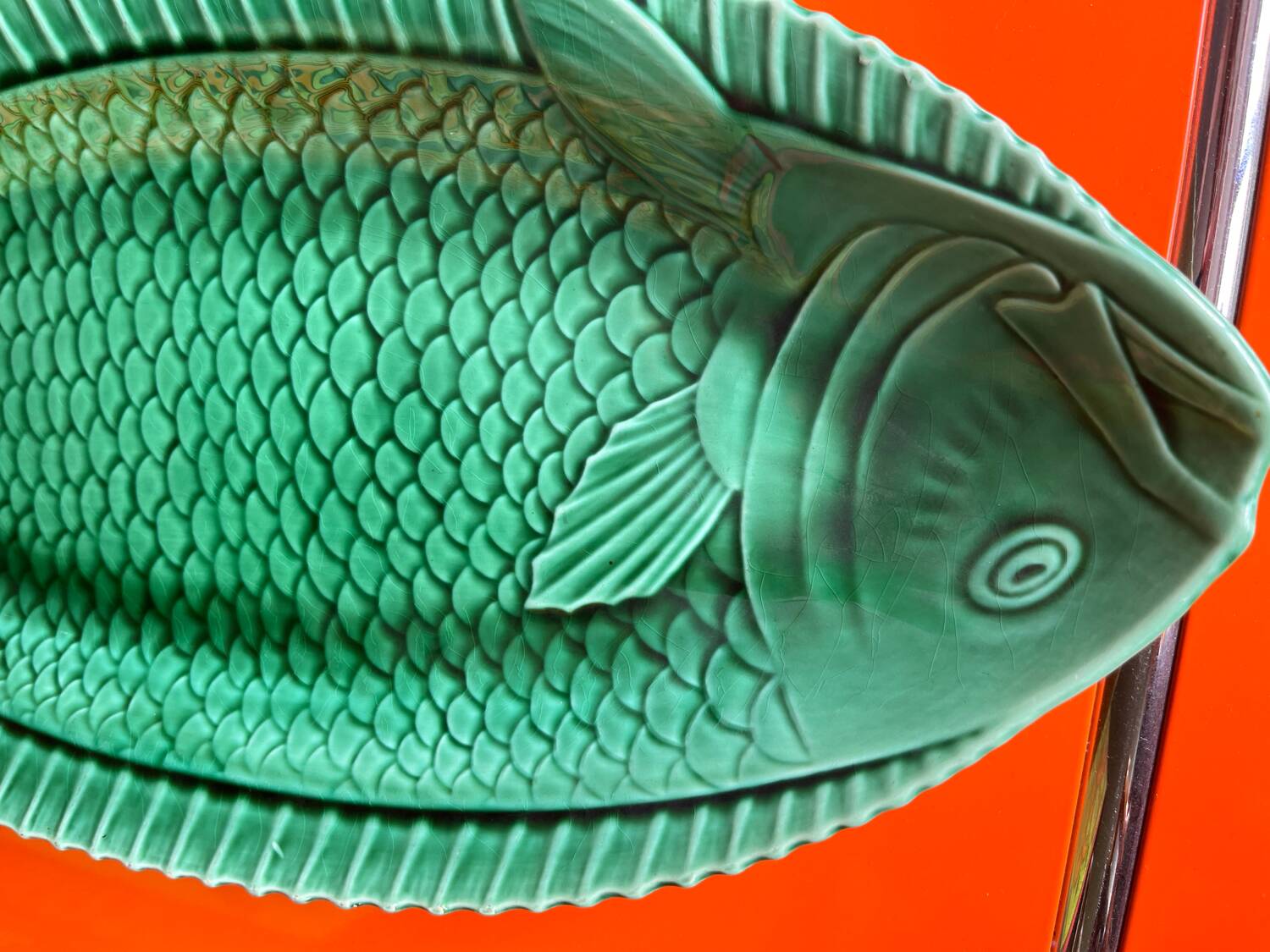 Green fish service Sarreguemines 1950s in new condition.