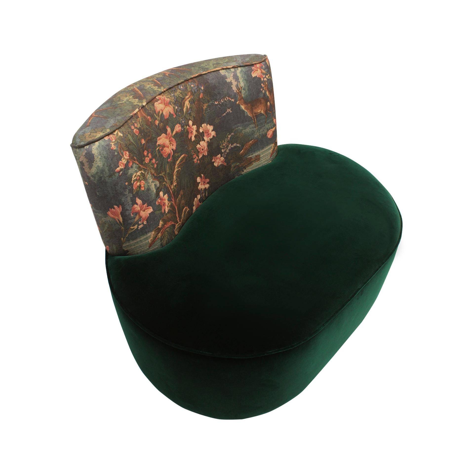 Modern Mid-Century Style Green and Forest Motif Linen and Velvet Armchair France