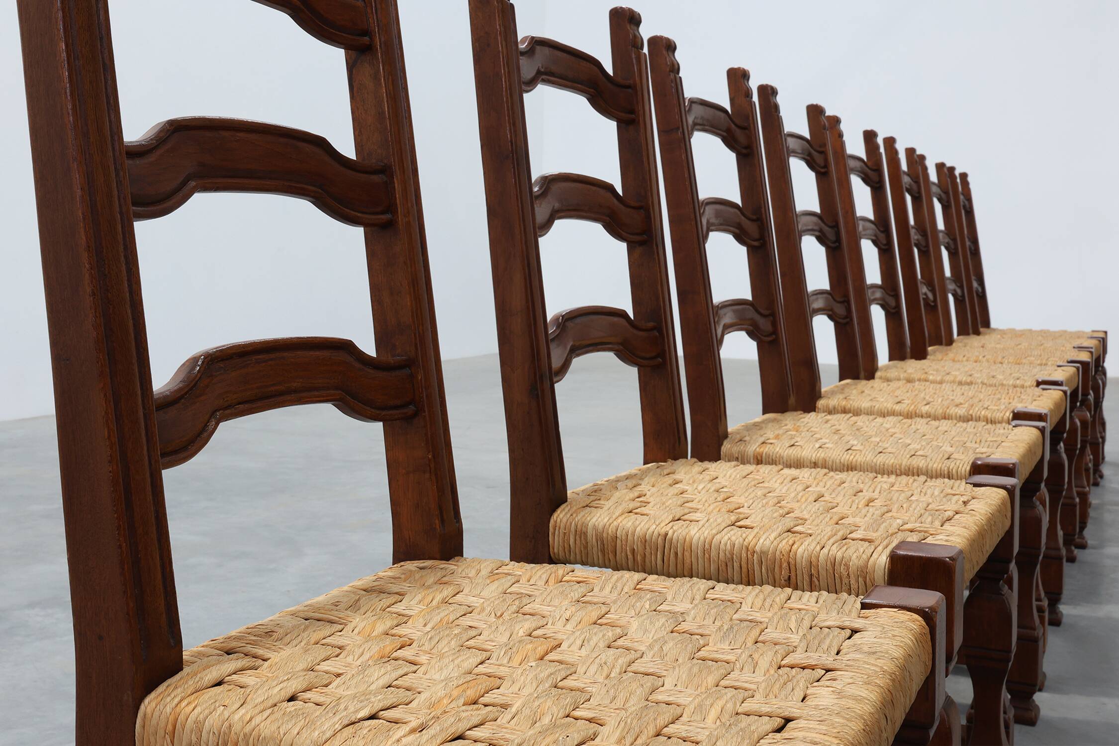 Set of 8 Brutalist Mid-Century Chairs in Wood and Wicker, Belgium ca. 1970