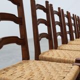 Set of 8 Brutalist Mid-Century Chairs in Wood and Wicker, Belgium ca. 1970