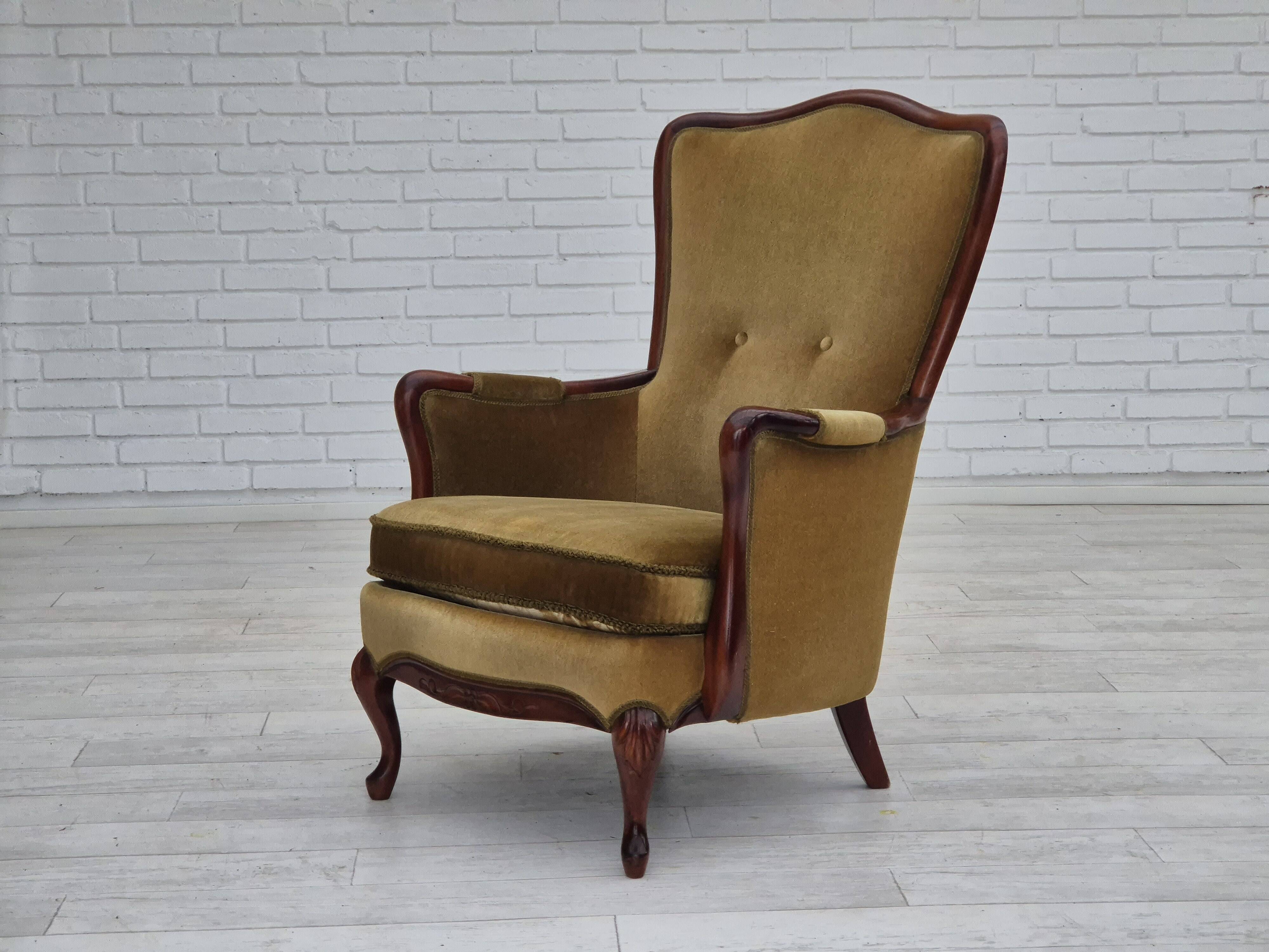 1950s, Danish highback armchair, original upholstery, green velour.