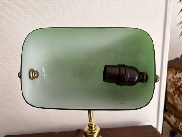 Ancien Lampe Notaire Banquier Bureau Opaline Vert Laiton Doré