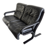 Scandinavian 2-seater sofa 1970s vintage in black leather and curved wood