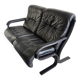 Scandinavian 2-seater sofa 1970s vintage in black leather and curved wood