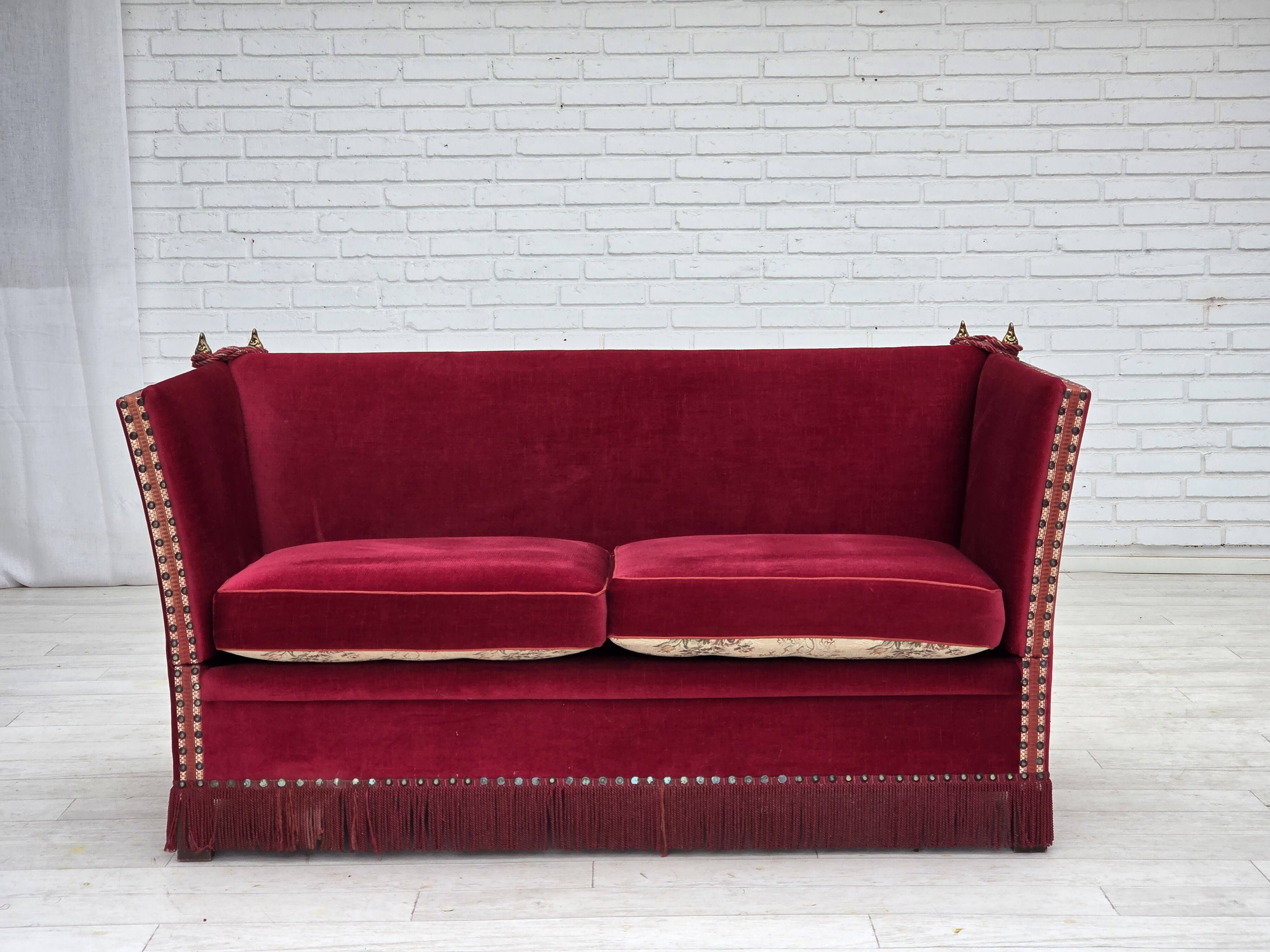 1970s, Danish "Spanish" sofa, furniture velour, ash wood legs.