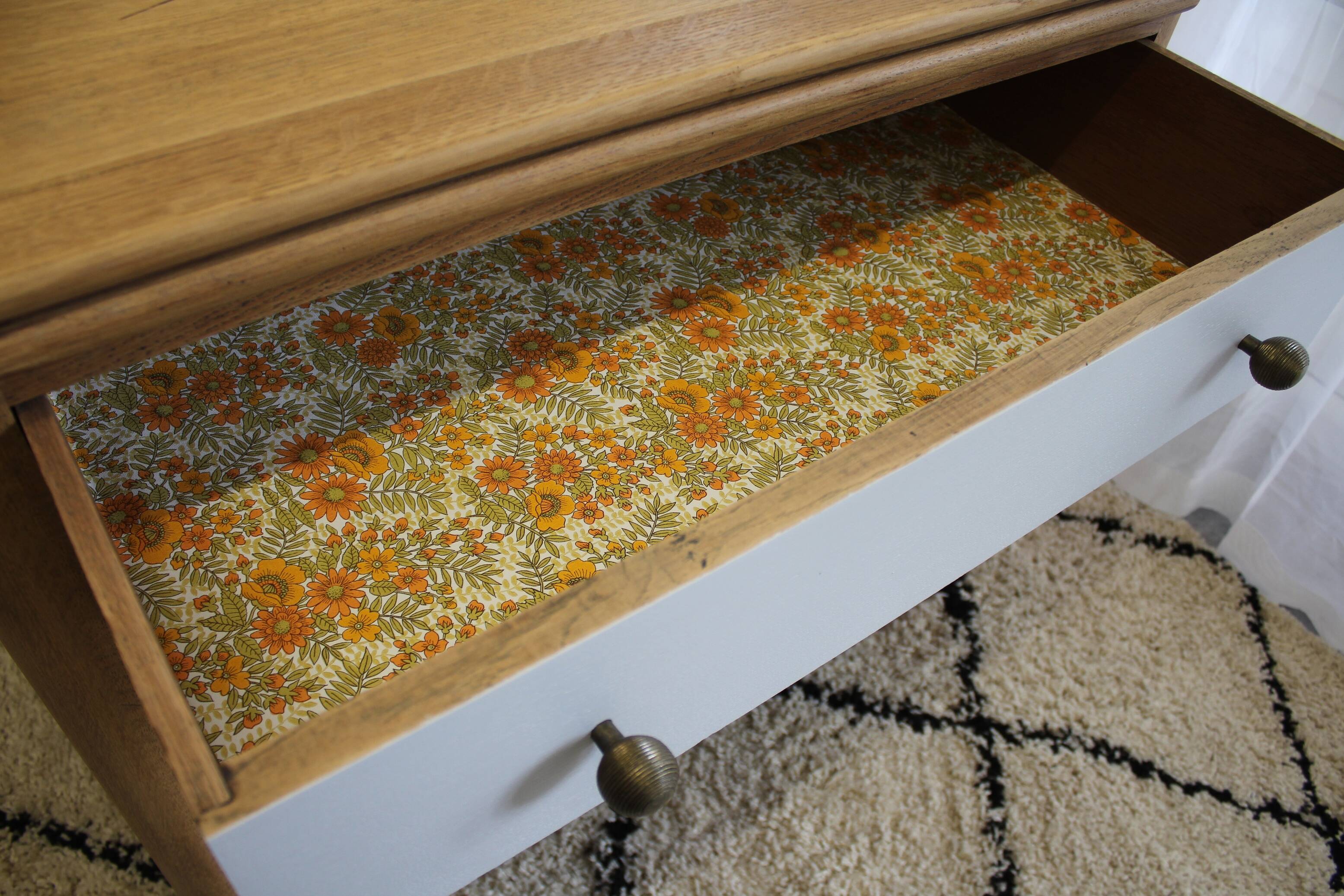 Commode vintage 4 tiroirs bois Grise, orange et bois