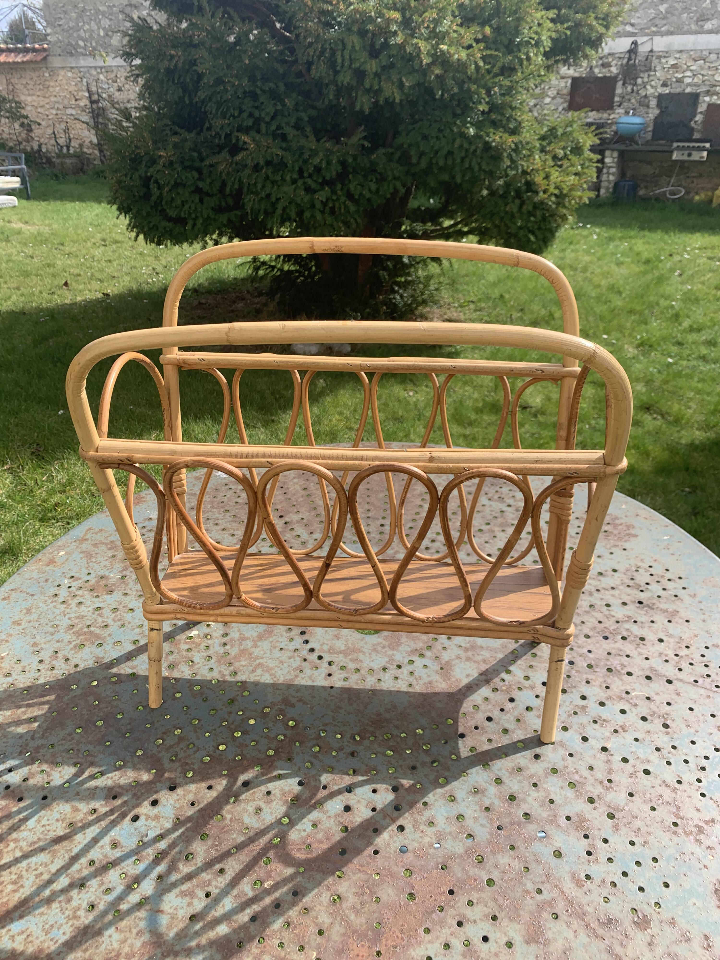 Vintage bamboo and rattan magazine holder 1960