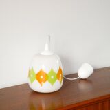 Suspension globe en opaline, à motifs psyché, blanc, vert et orange, 1970