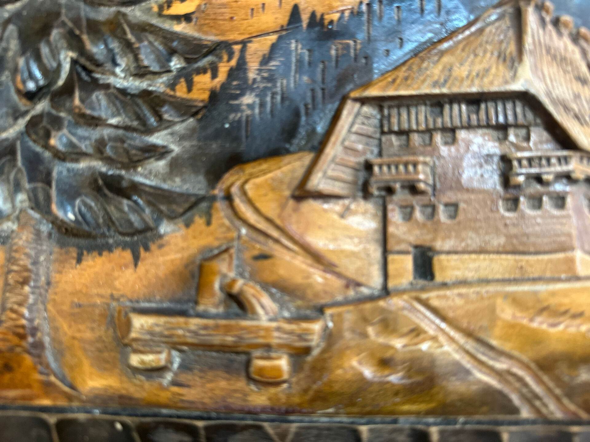 Carved wooden wall panel Black Forest Chalet mountain Switzerland Germany