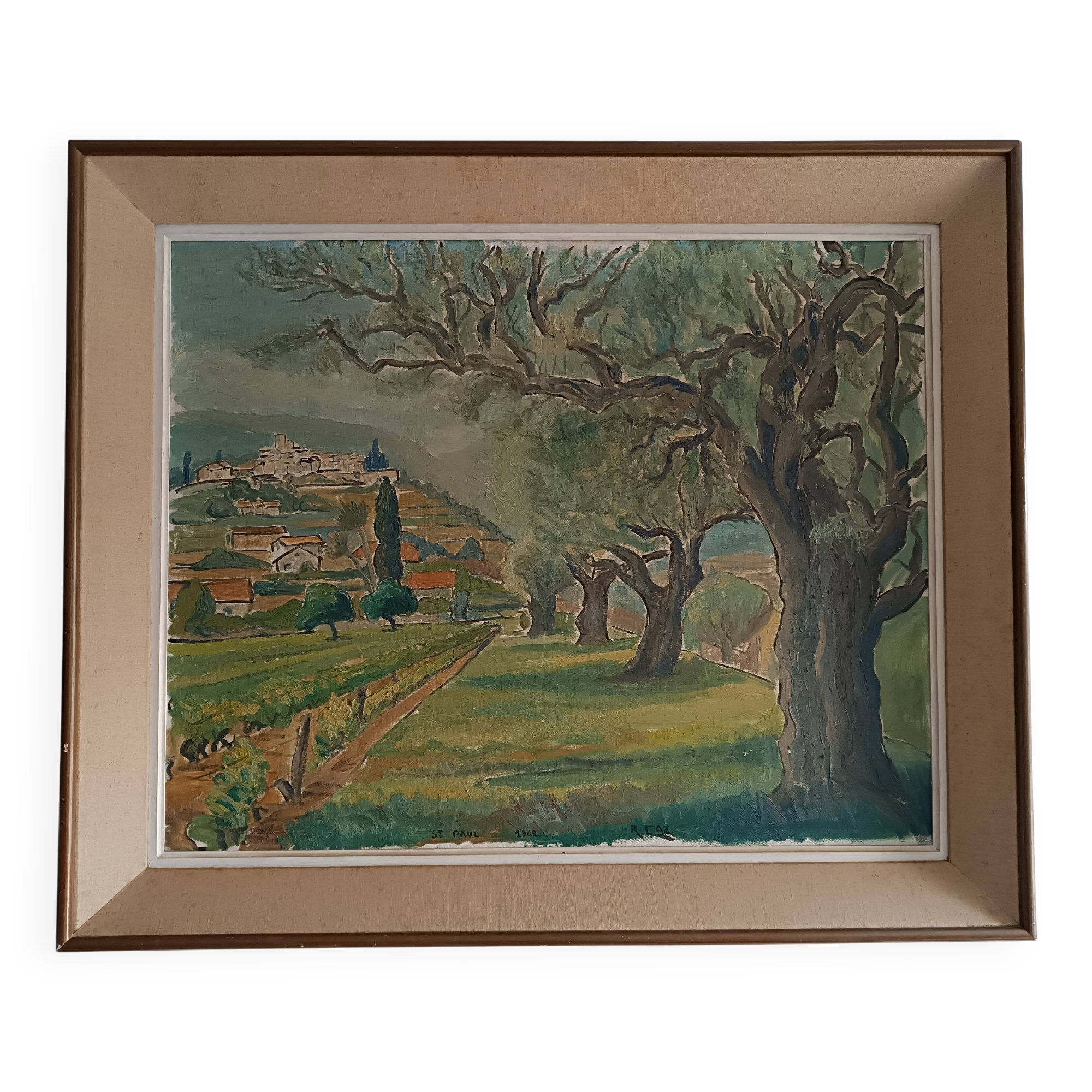 Large oil on canvas landscape of St Paul de Serre signed R. CAZ.
