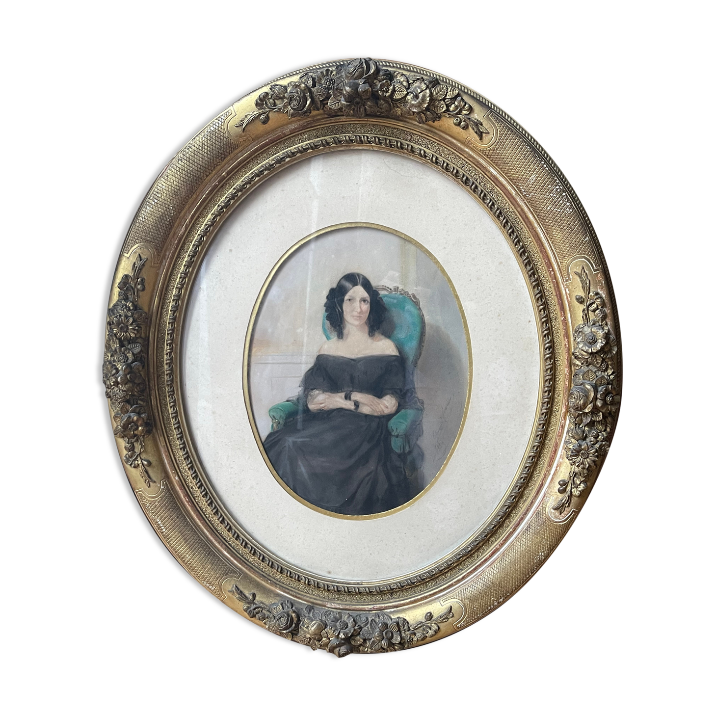 Pastel Young woman in blue chair