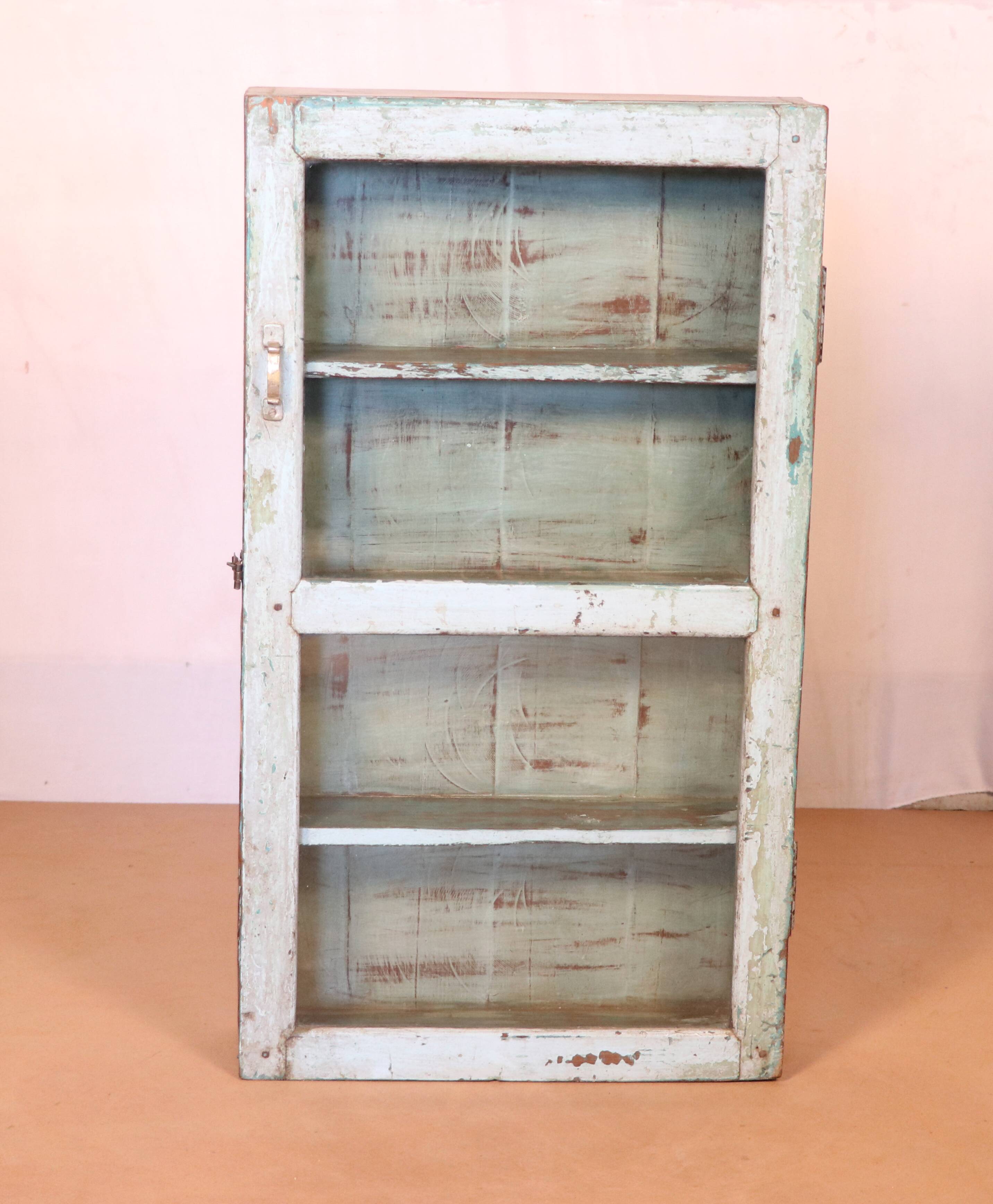 Old wall showcase in original white-blue patina Burmese teak
