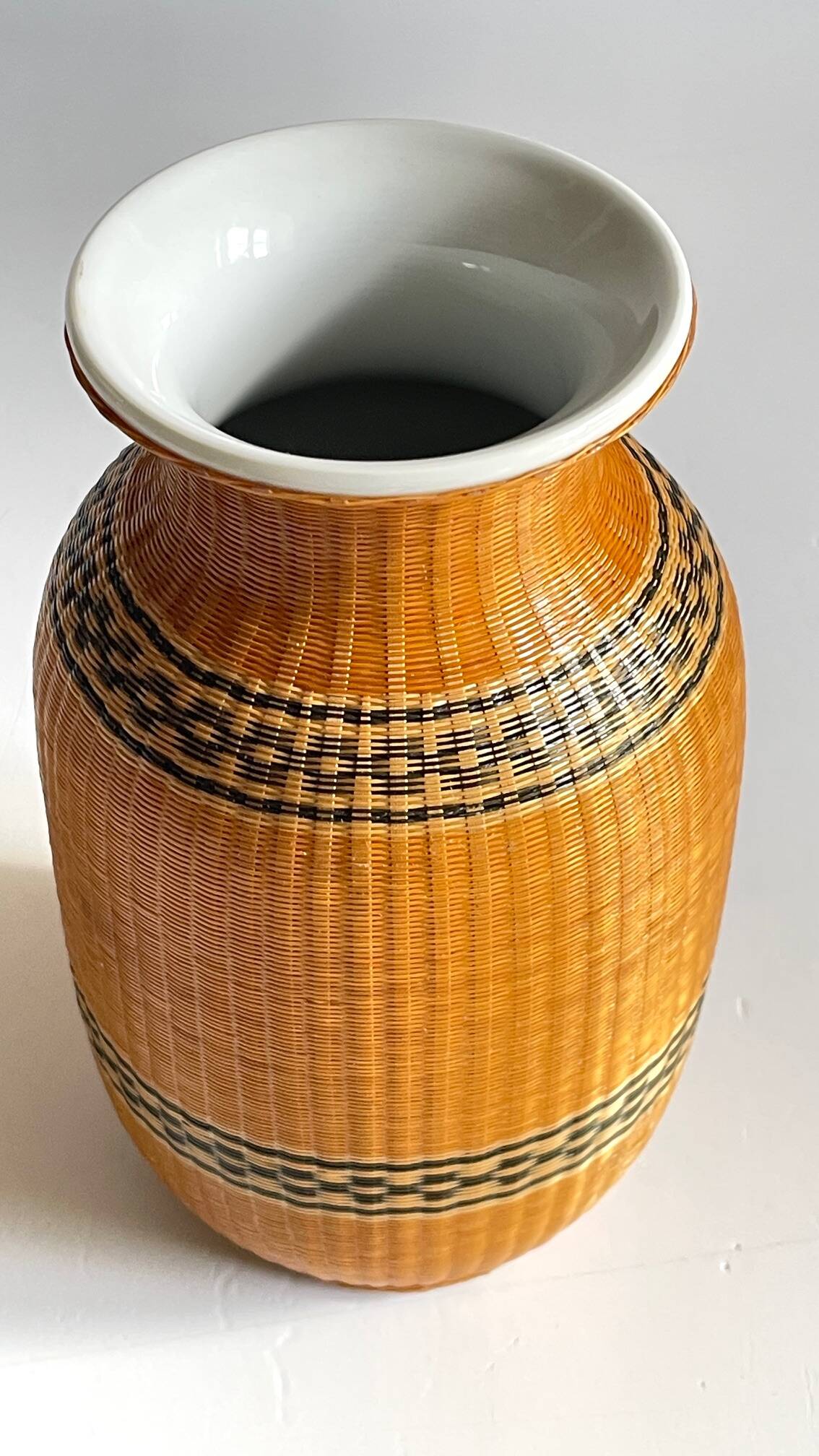 VINTAGE Woven Bamboo and Fine Porcelain VASE