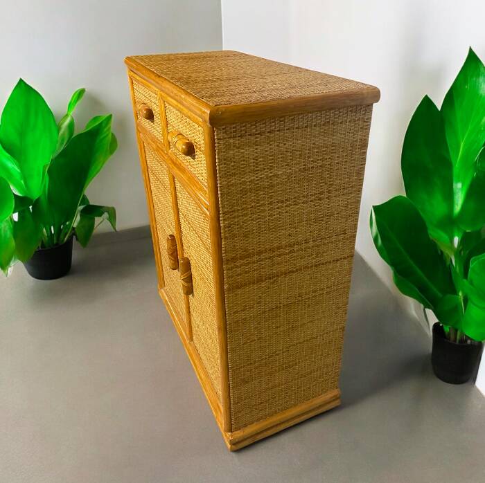 Vintage wooden and rattan chest of drawers