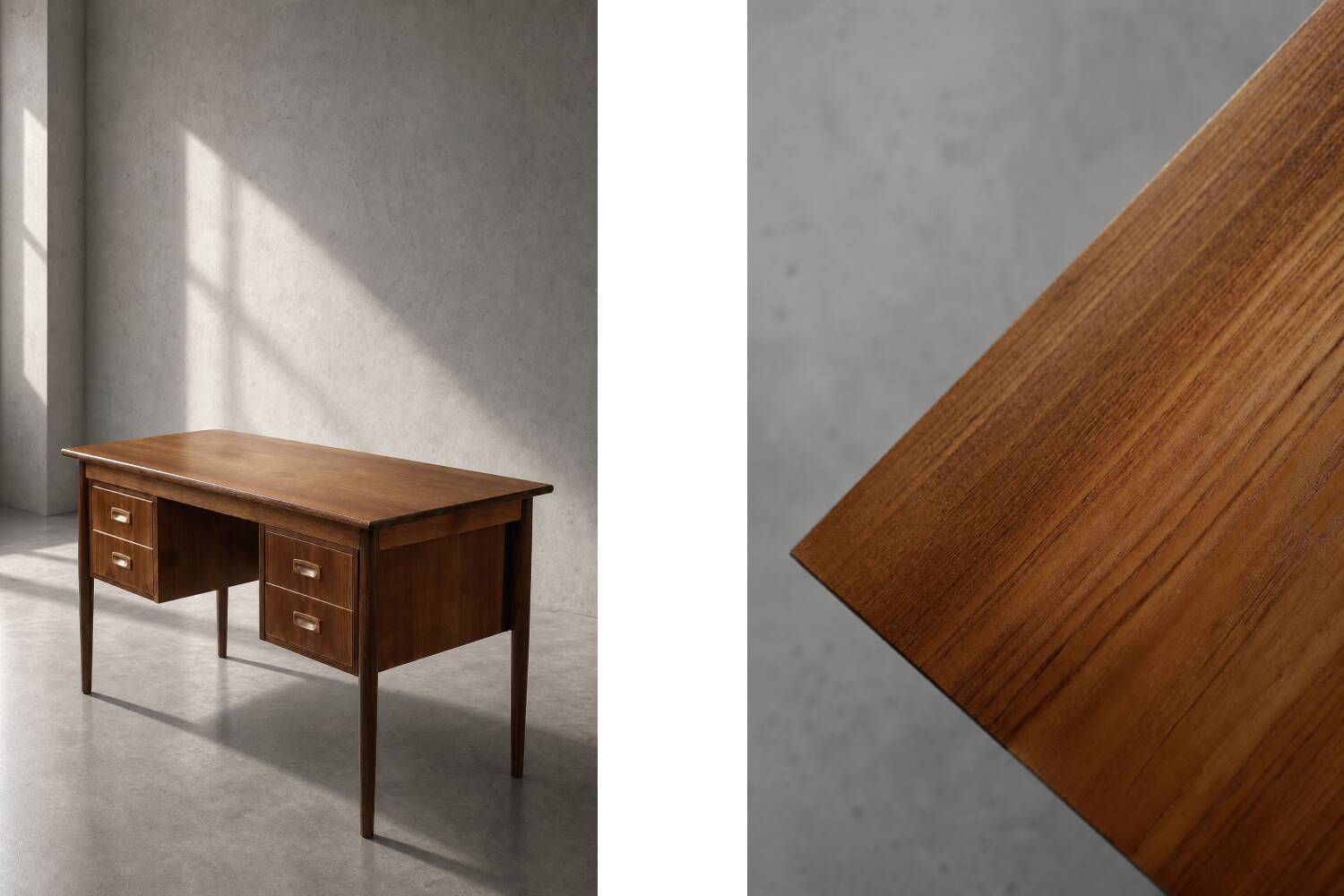 Bureau vintage scandinave moderne en teck des années 1960 avec tiroirs.