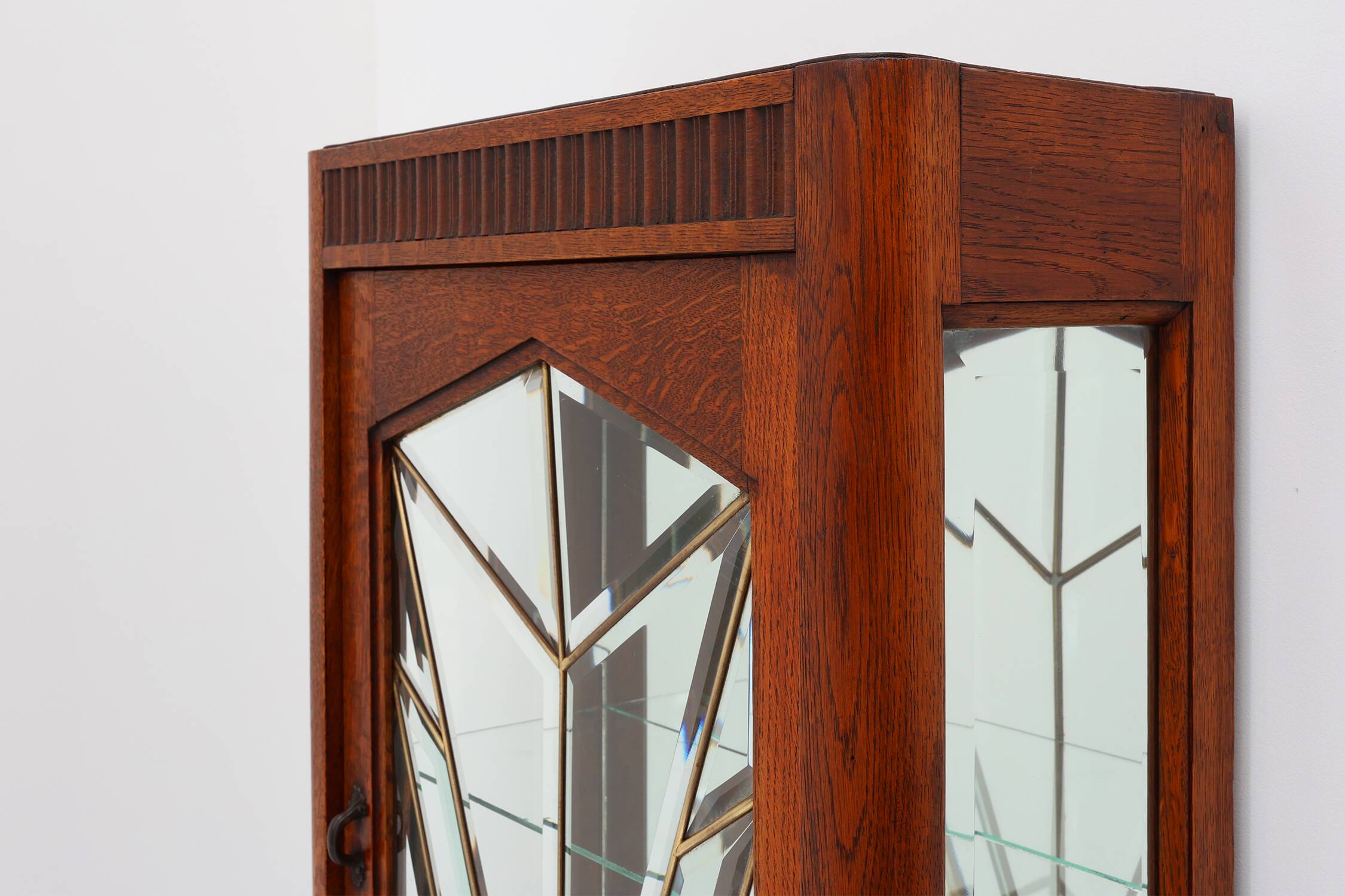 French Art Deco Oak Cabinet with Beveled Leaded Glass, ca. 1920