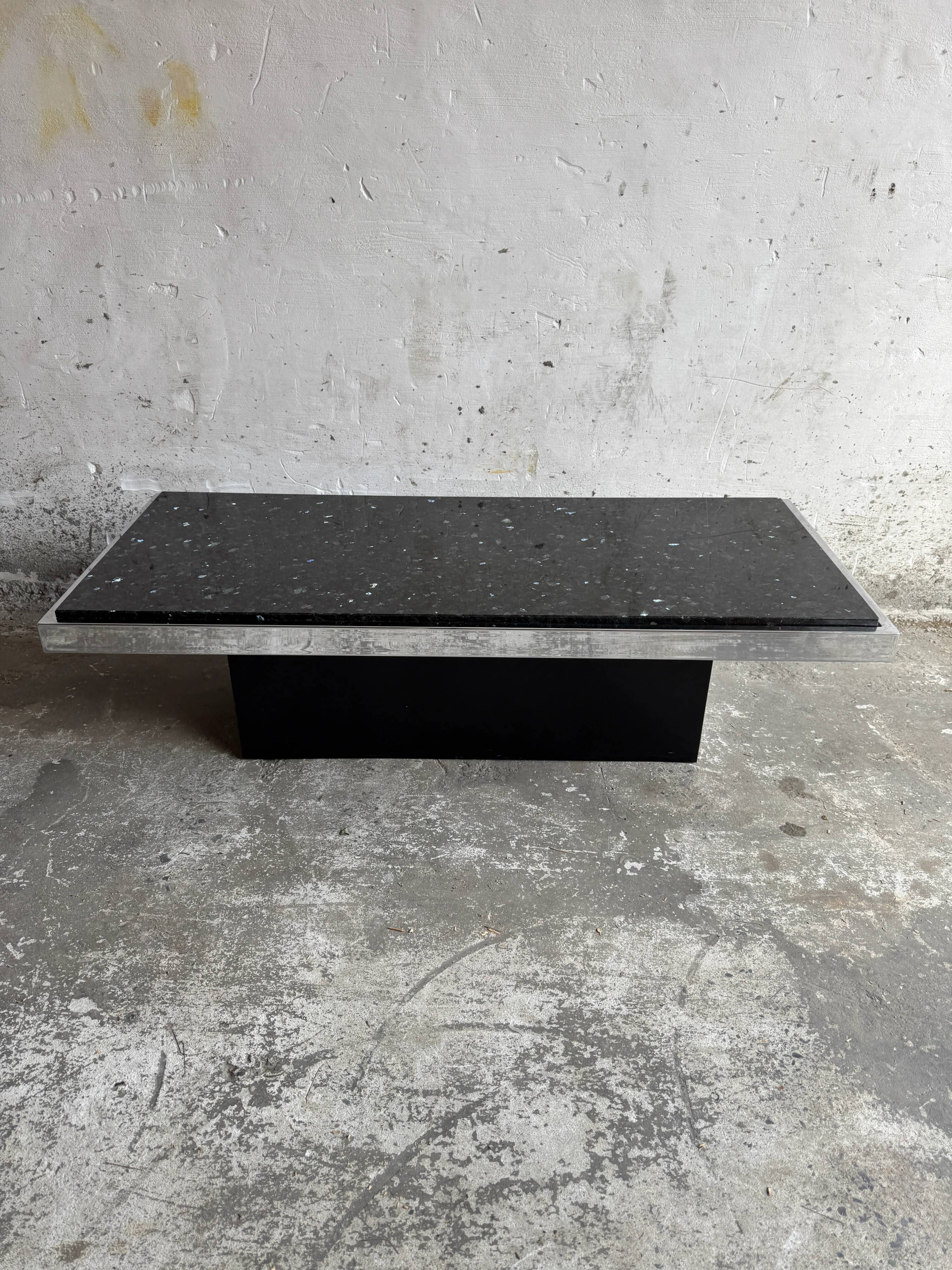 Vintage Black Terrazzo Coffee Table with Wooden Pedestal Base — Mid-Century Rectangular Accent Table