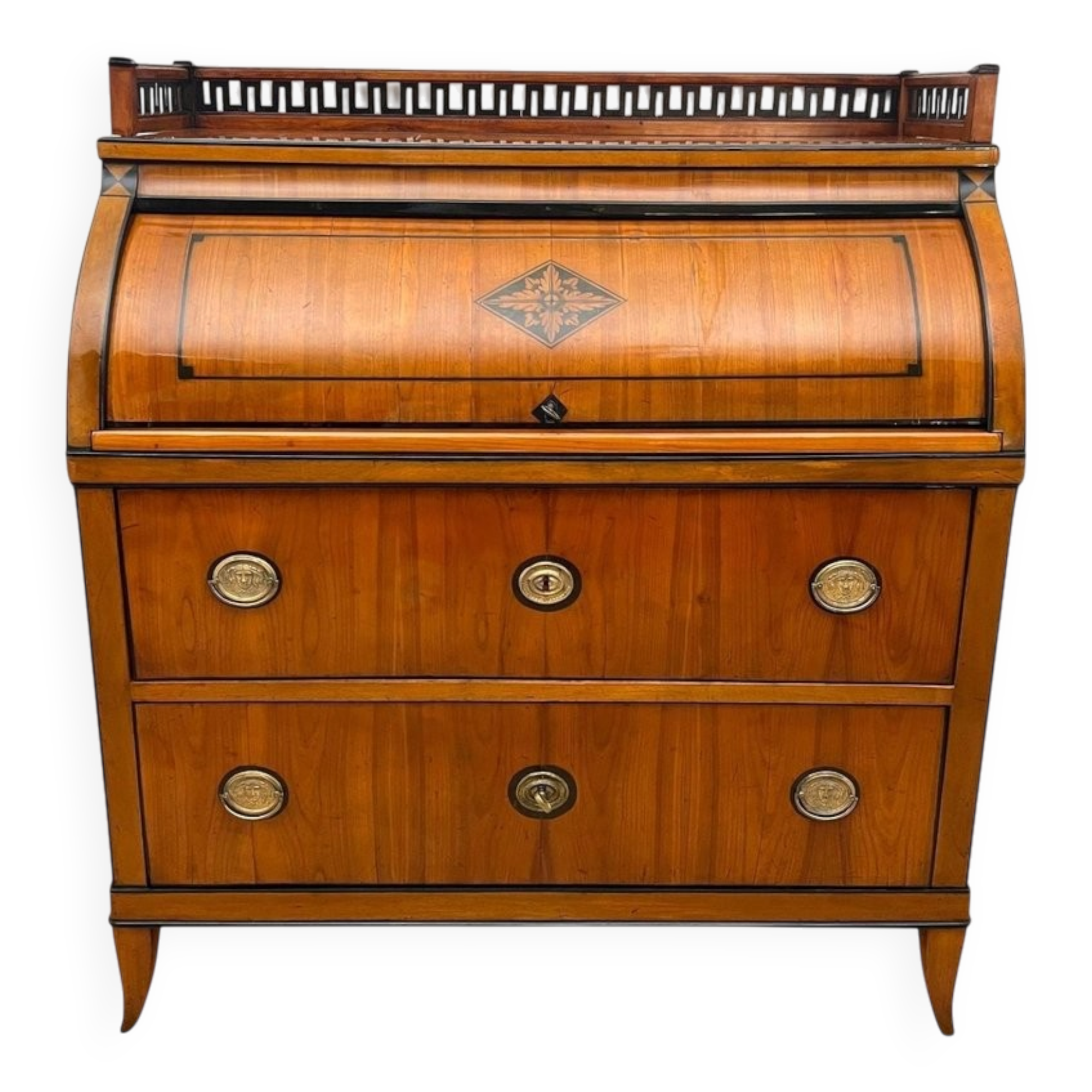 Biedermeier Roll-Top Desk in Cherry Veneer and Brass, 1820