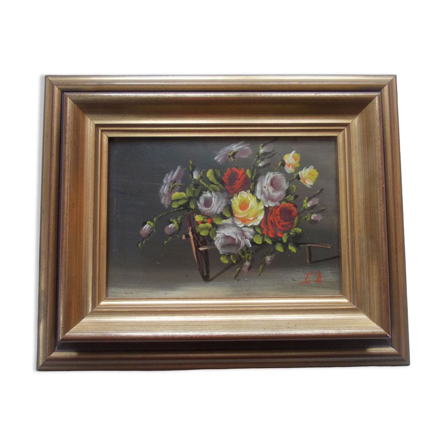 PAINTING oil painted on wood BOUQUET OF ROSES signed C.P., pretty frame ARTEMIS 1975, still life, CP