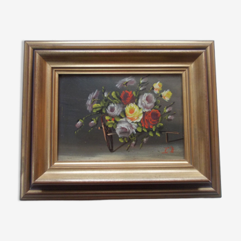 PAINTING oil painted on wood BOUQUET OF ROSES signed C.P., pretty frame ARTEMIS 1975, still life, CP