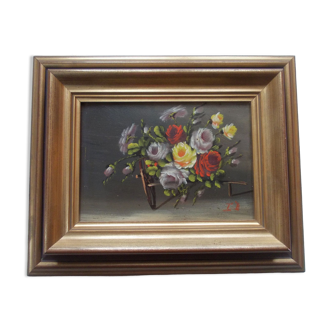 PAINTING oil painted on wood BOUQUET OF ROSES signed C.P., pretty frame ARTEMIS 1975, still life, CP