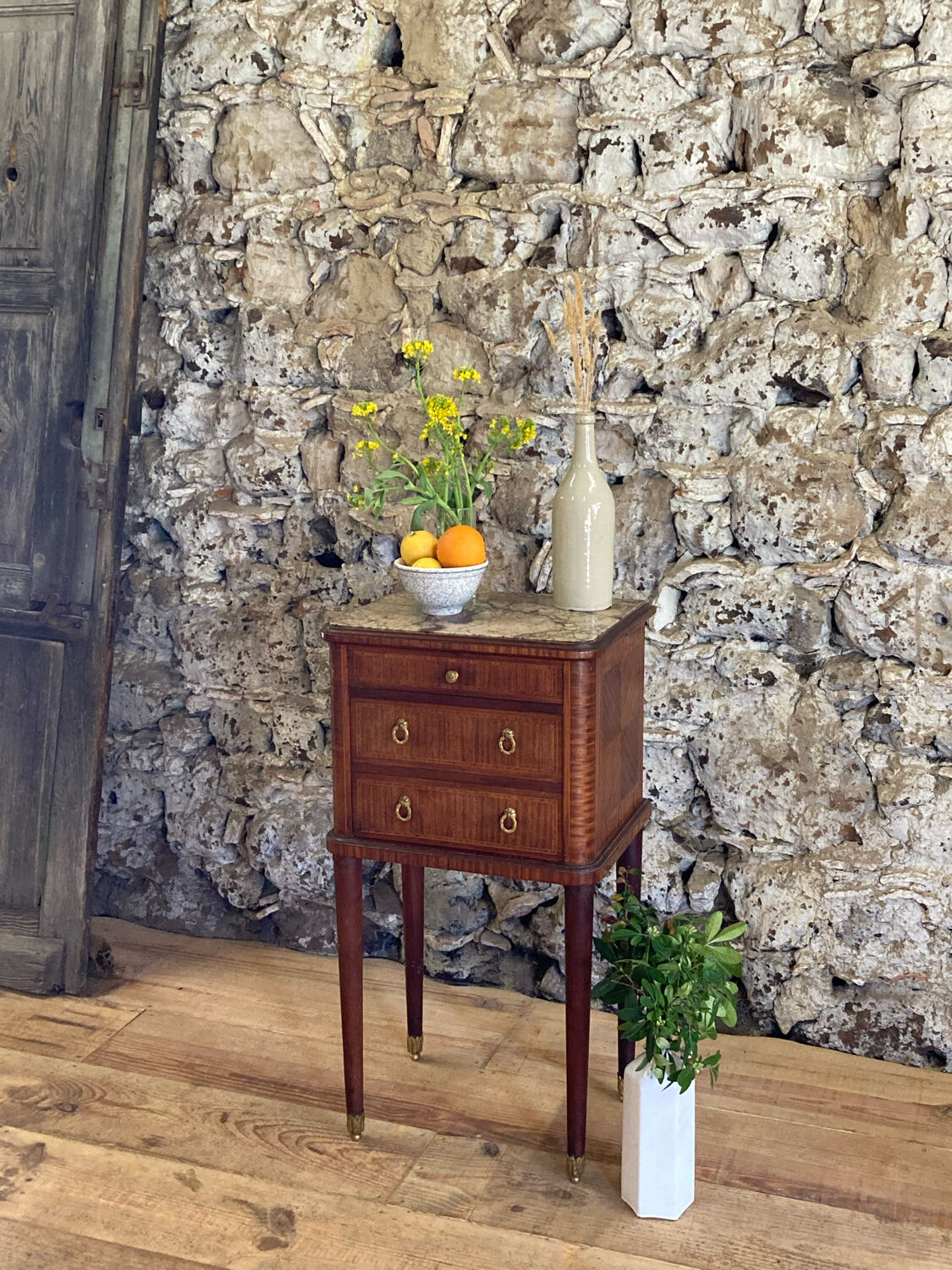 Louis XVI bedside in antique exotic wood marquetry / or harness