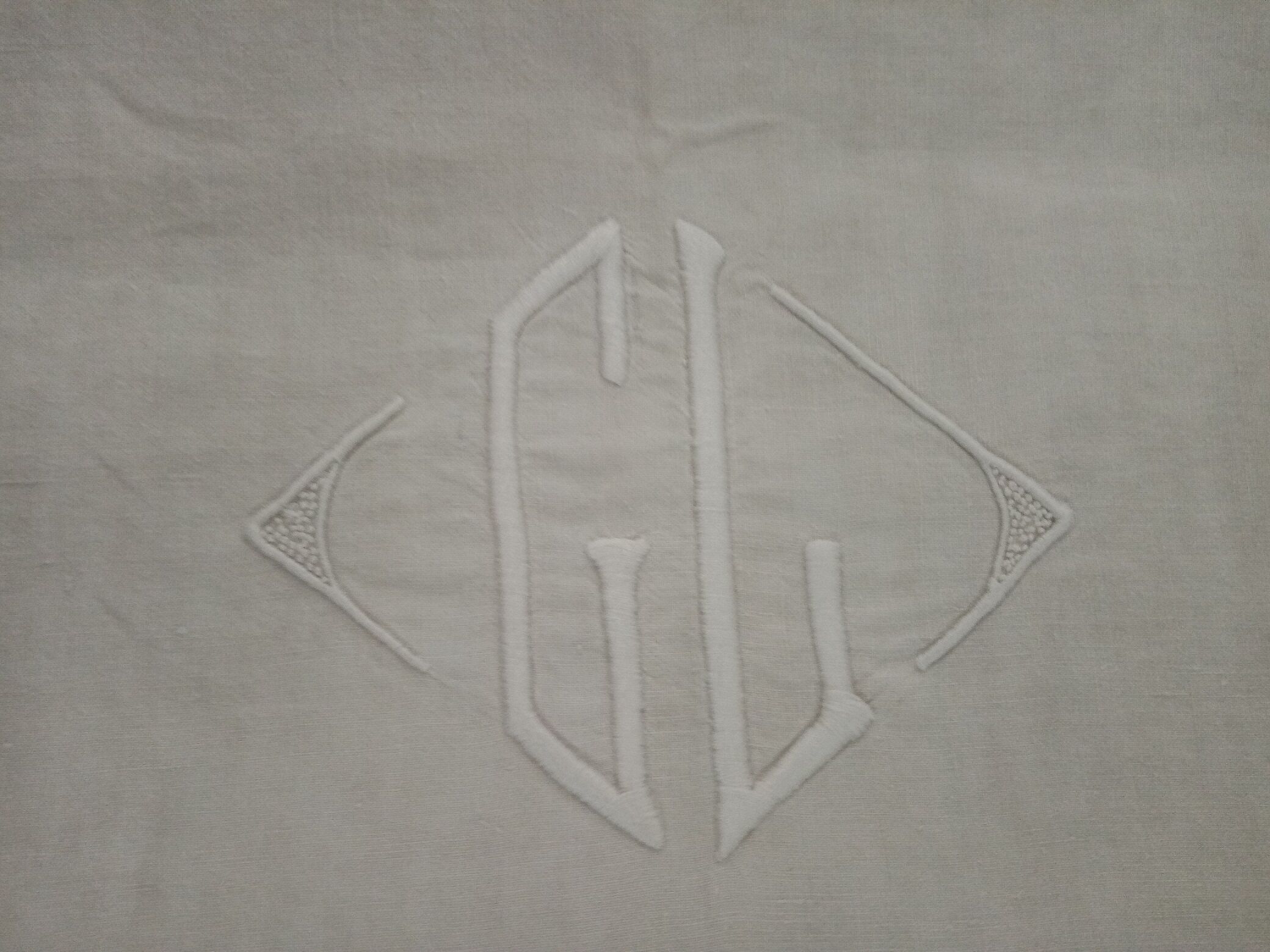 Soft linen sheet Old Embroidered Monogram GL Art deco border day