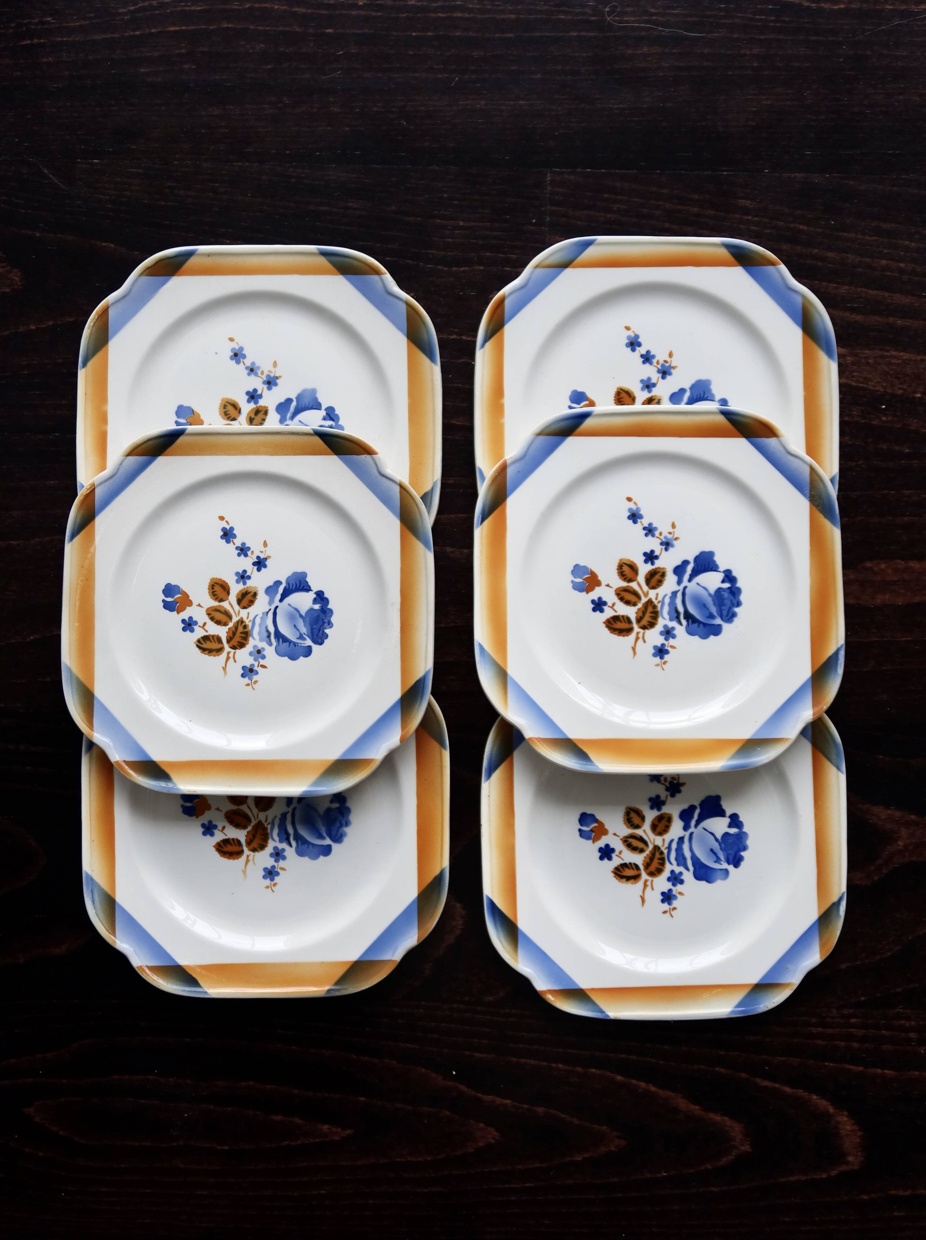 6 assiettes à dessert vintage carrées en faïence Saint Amandinoise