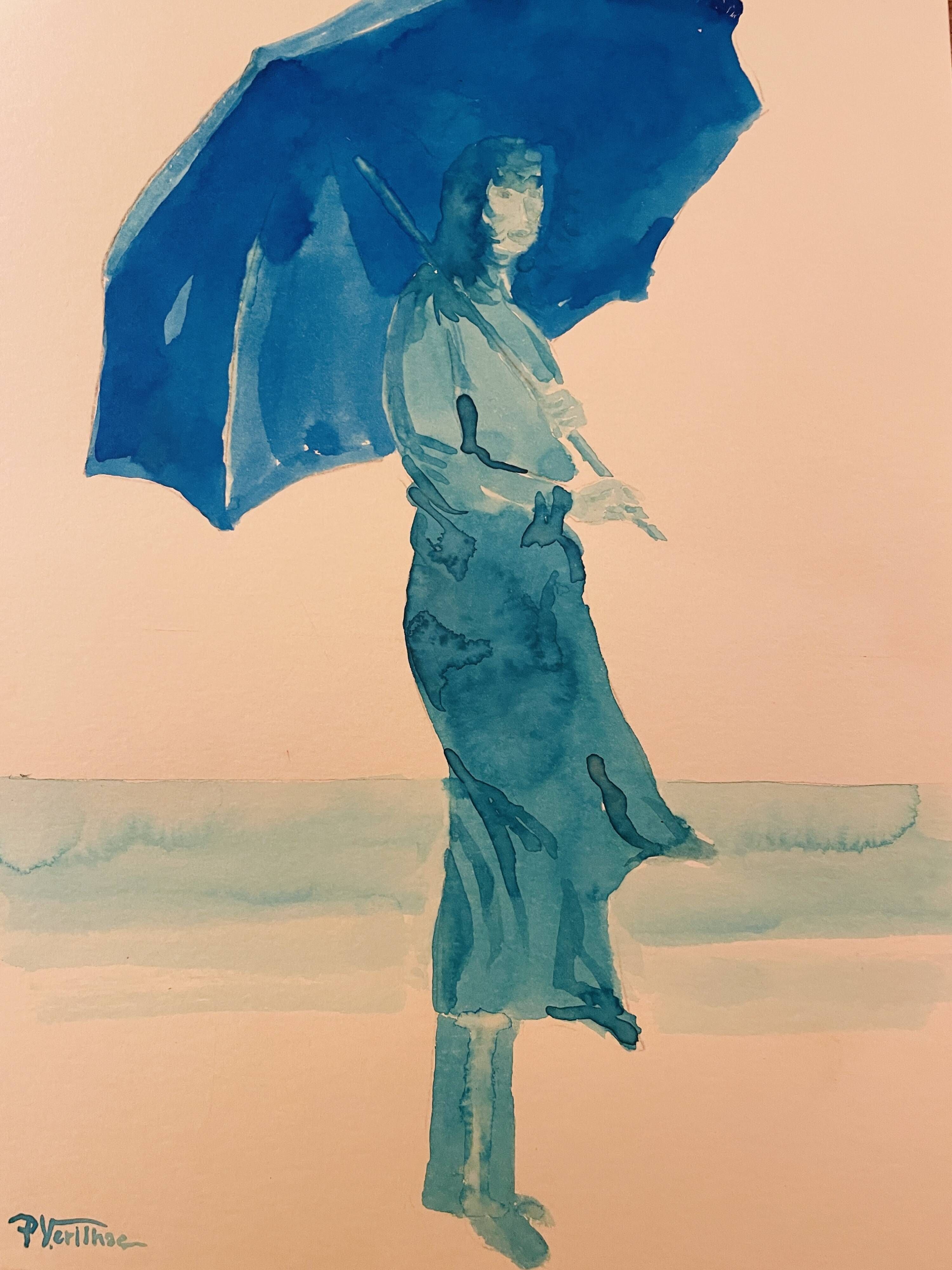 Monochrome blue painting signed female portrait "weekend in Deauville"