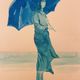 Monochrome blue painting signed female portrait "weekend in Deauville"