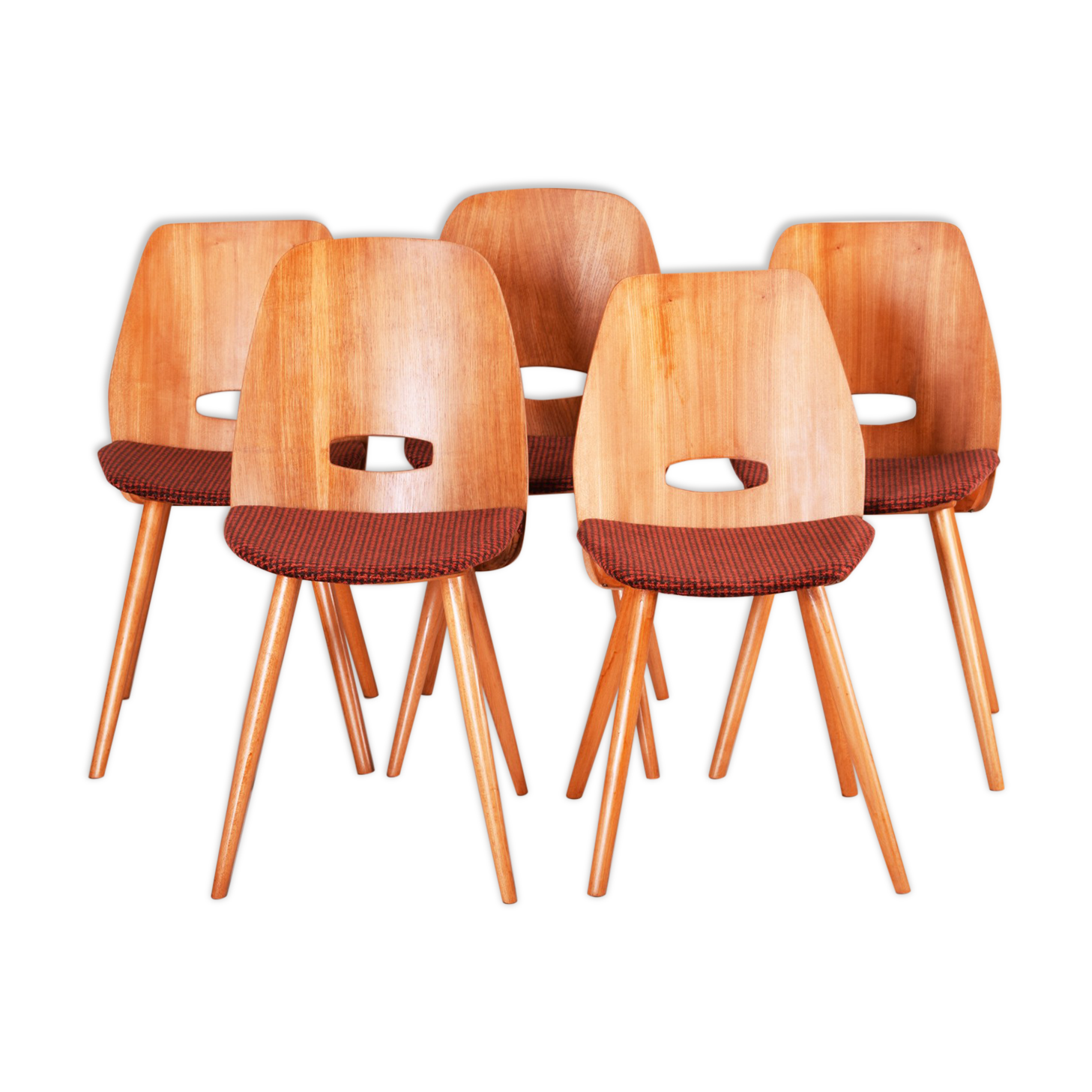 5 Czech Mid Century dining chairs, made 1950s by Tatra Nábytok. Jirák