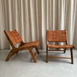 Pair of leather and walnut armchairs