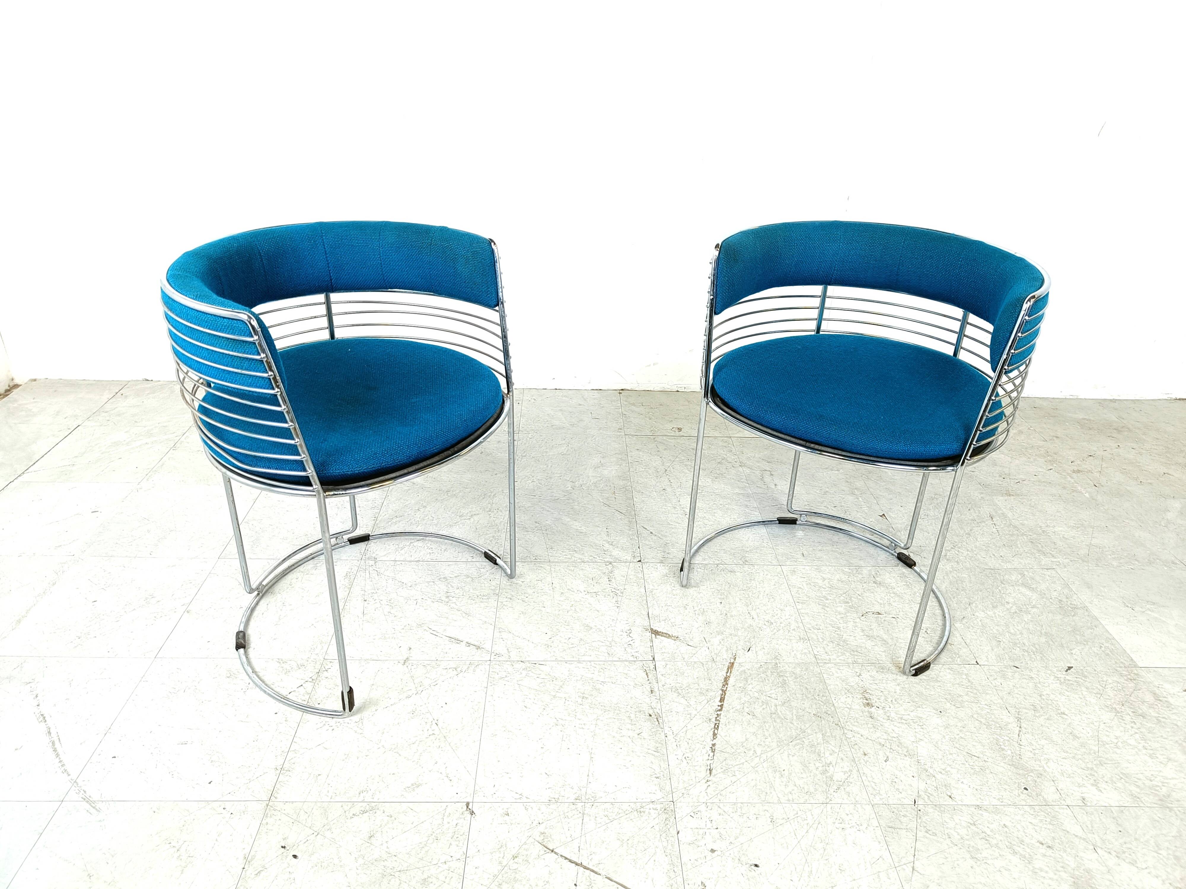 Set of 6 chrome wire and blue fabric dining chairs, 1970s