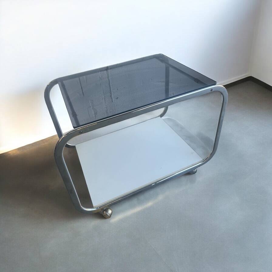 vintage chrome side table/bar cart with glass