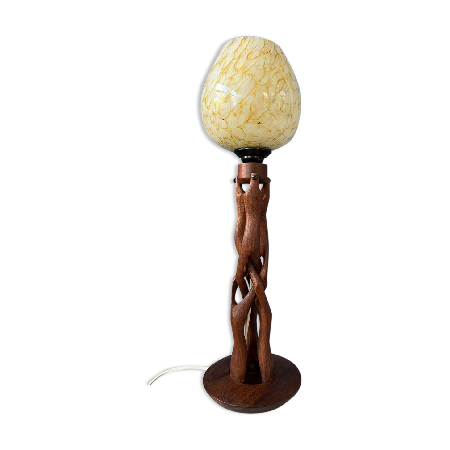 Hand-carved wooden table lamp with art deco lampshade