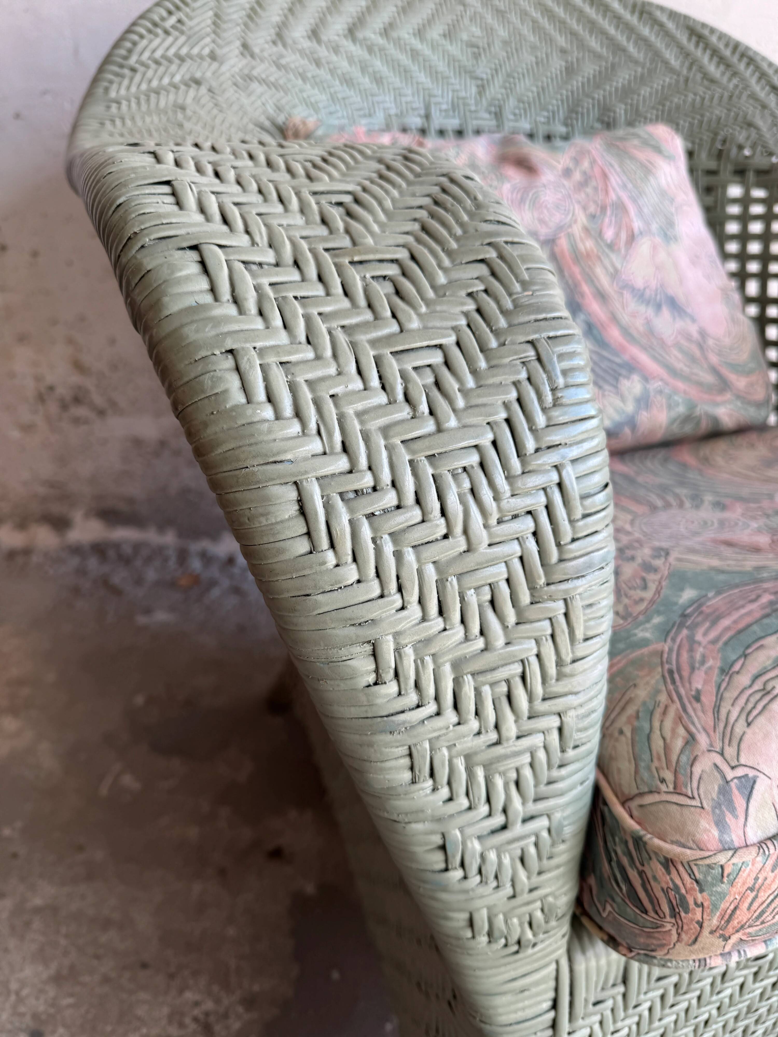 Mint Green Wicker Lounge Chair with Pastel Cotton Cushions — 1980s Coastal Revival