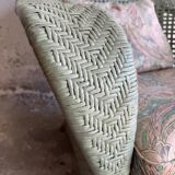 Mint Green Wicker Lounge Chair with Pastel Cotton Cushions — 1980s Coastal Revival