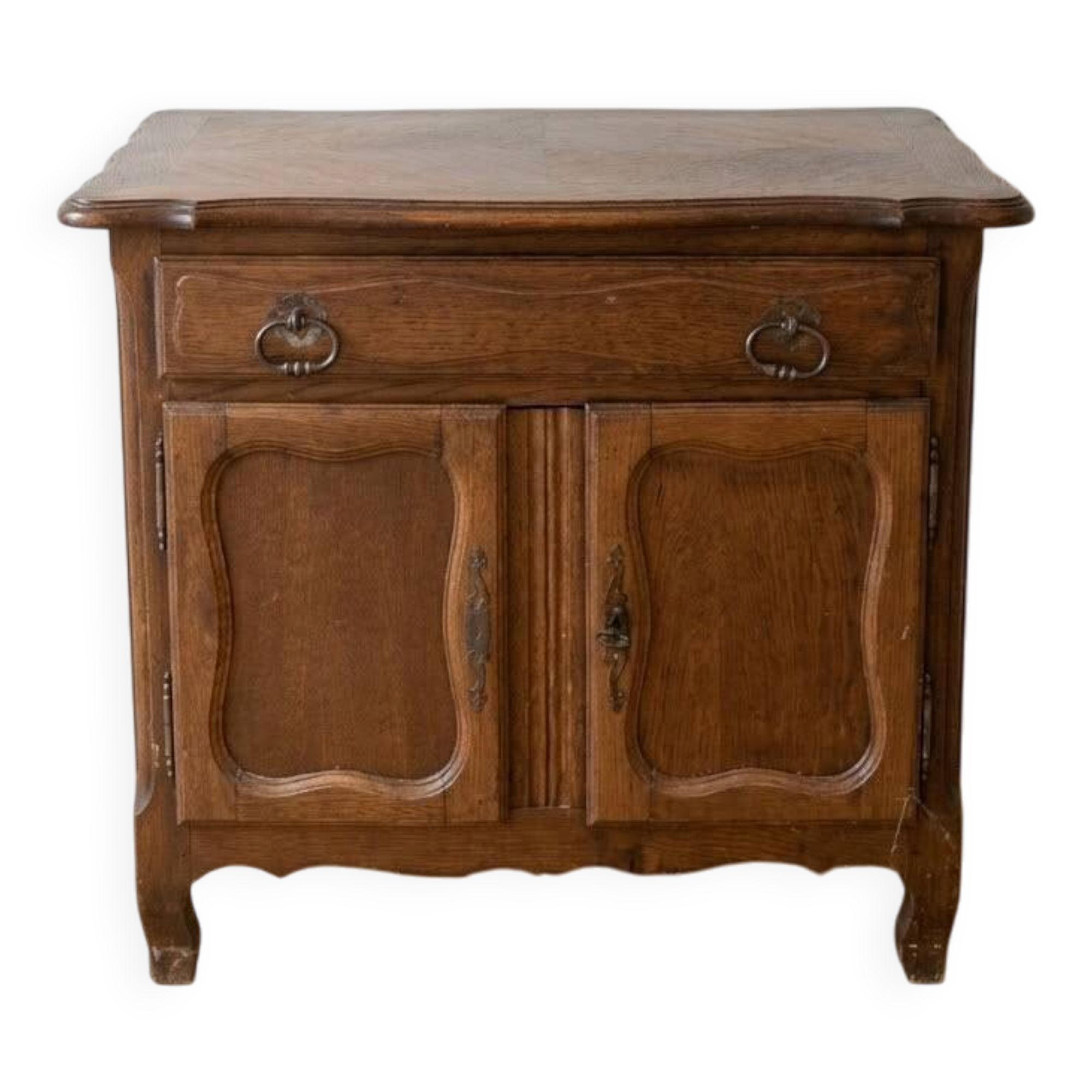 Rustic low cabinet in wood with herringbone marquetry.