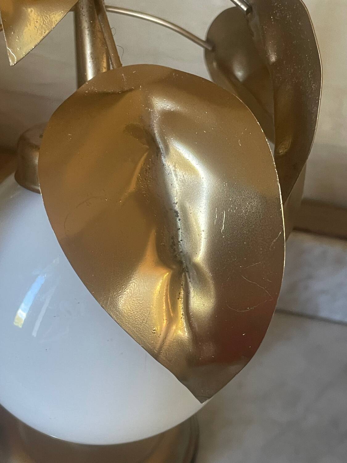 70s gold metal and opaline lamp