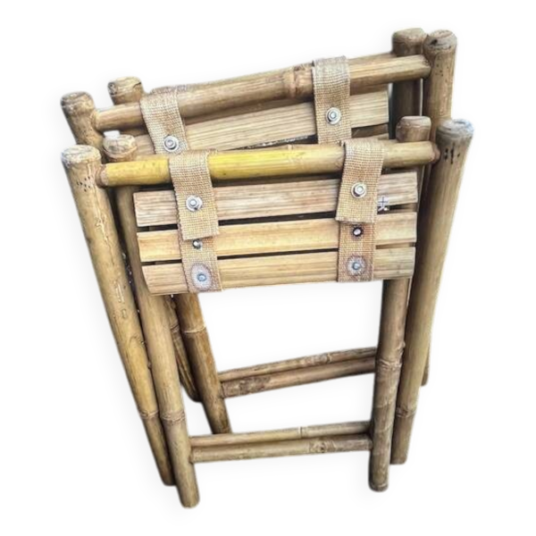 Paire de tabourets pliants vintage en bambou et bois – France, années 60/70