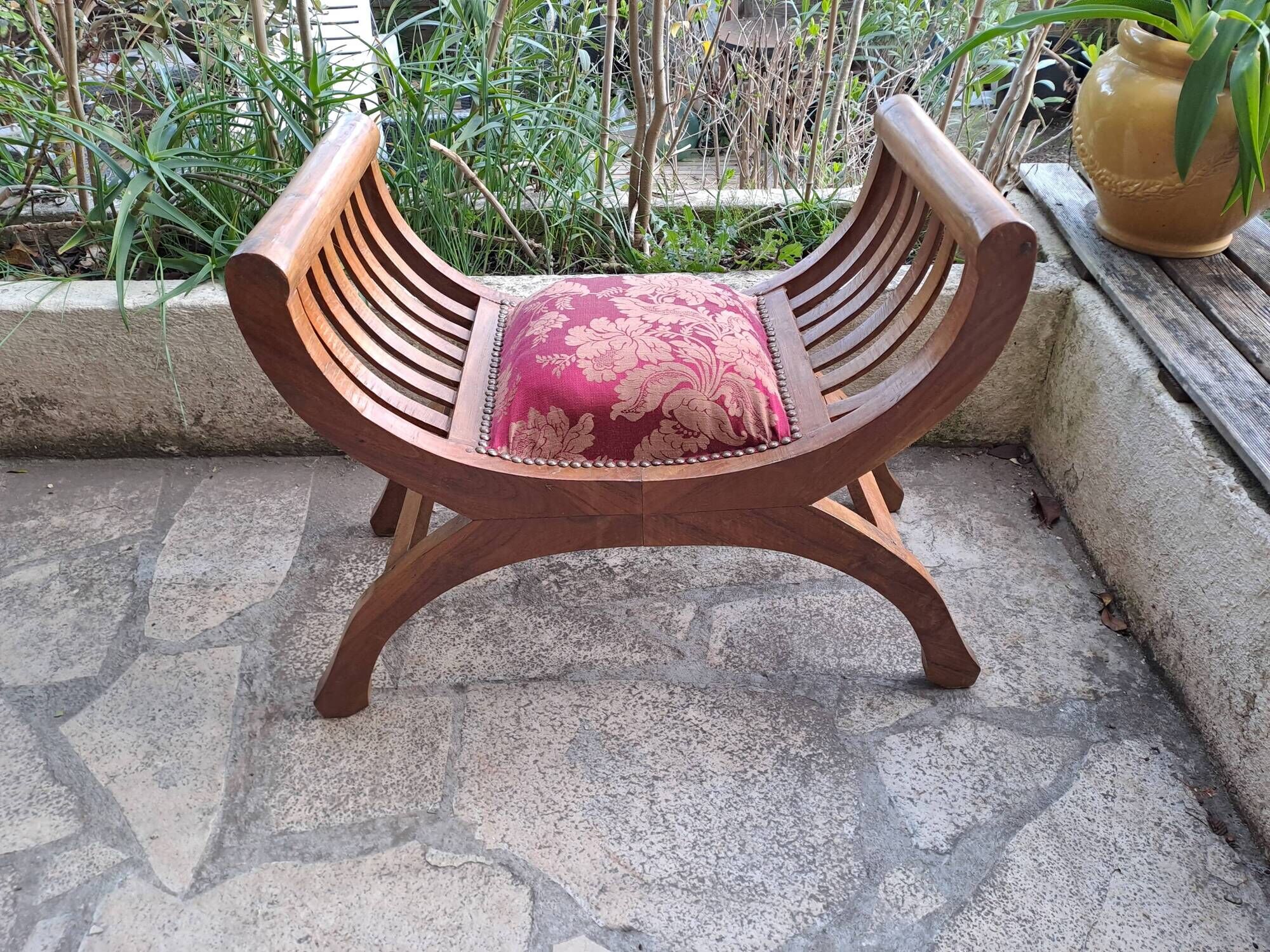 CURULE seat in antique Roman style, restored in teak wood and jacquard satin fabric