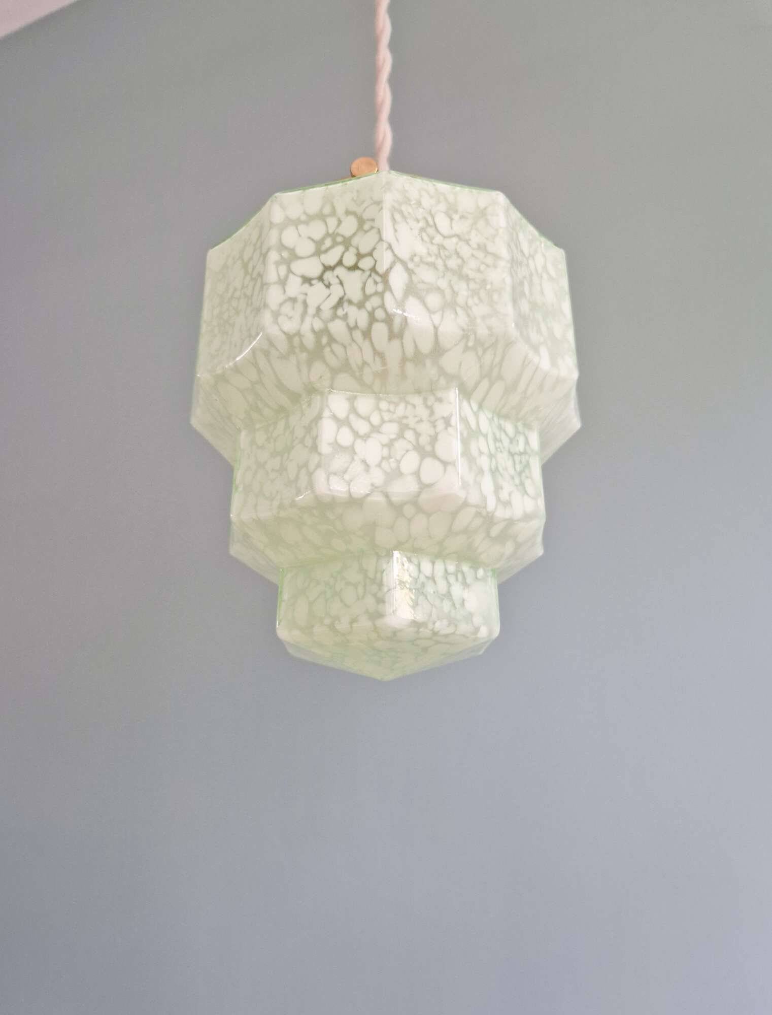 Art Deco skyscraper pendant light in speckled glass, 1920s-30s