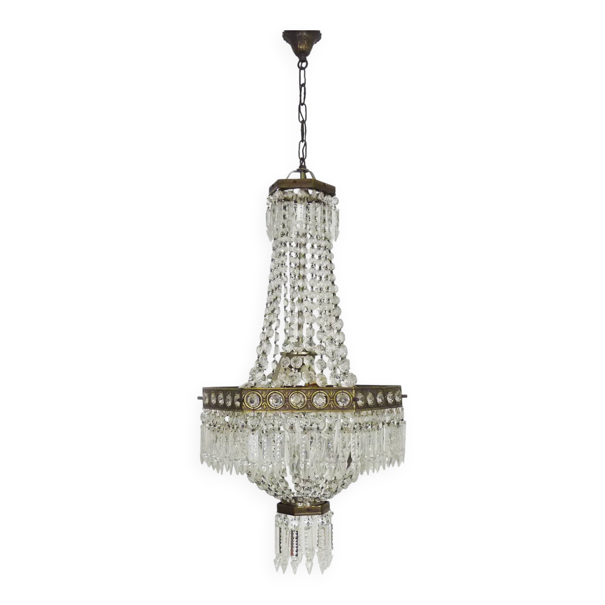 Old large 3-light hot air balloon chandelier in bronze, glass pendants.