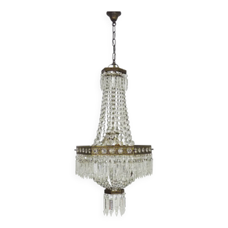 Old large 3-light hot air balloon chandelier in bronze, glass pendants.
