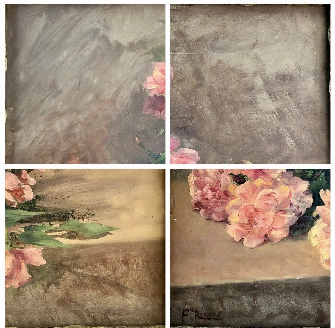 François Félix Roubaud Still life oil on wooden panel bouquet roses peonies XIX