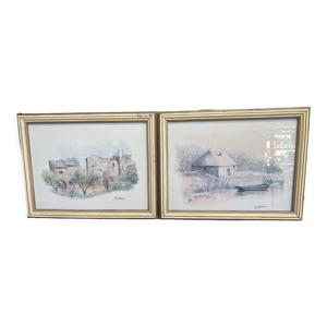 Paire d’aquarelles signées P