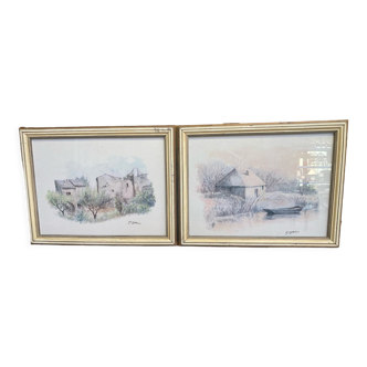 Pair of watercolors signed P OPal