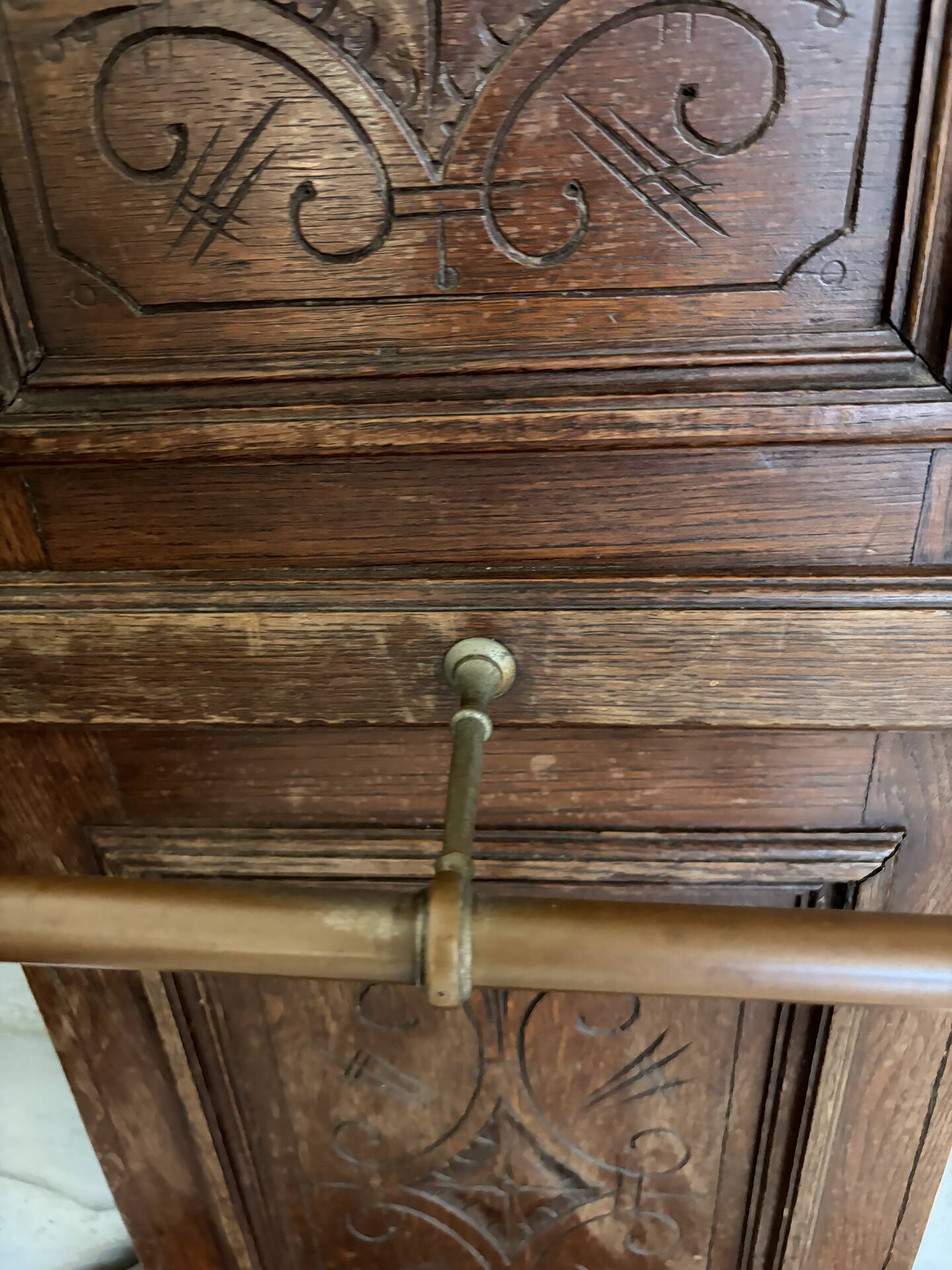 Antique oak carved coat stand, mirror and umbrella stand — late 19th century